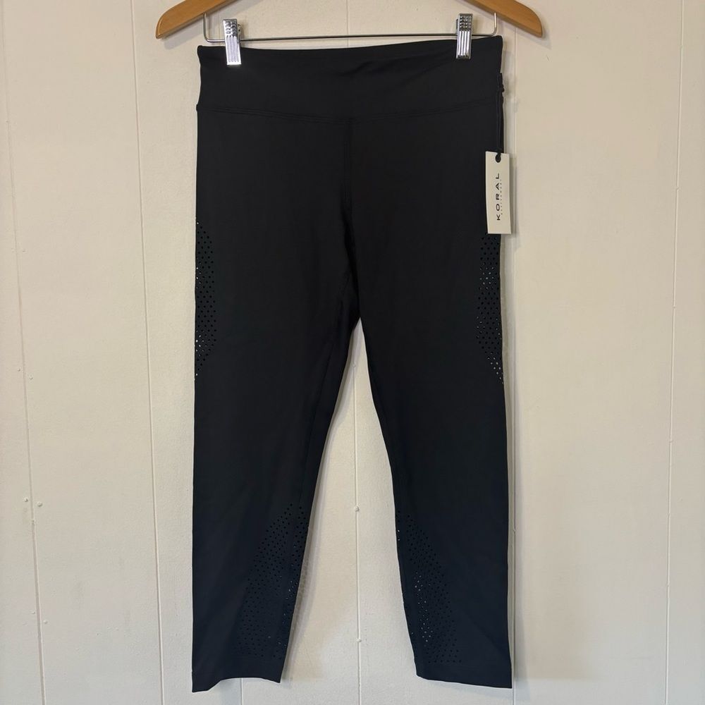 NEW Koral Activewear Size Large 23” Crop Leggings Laser Cut Black Athleisure Gym